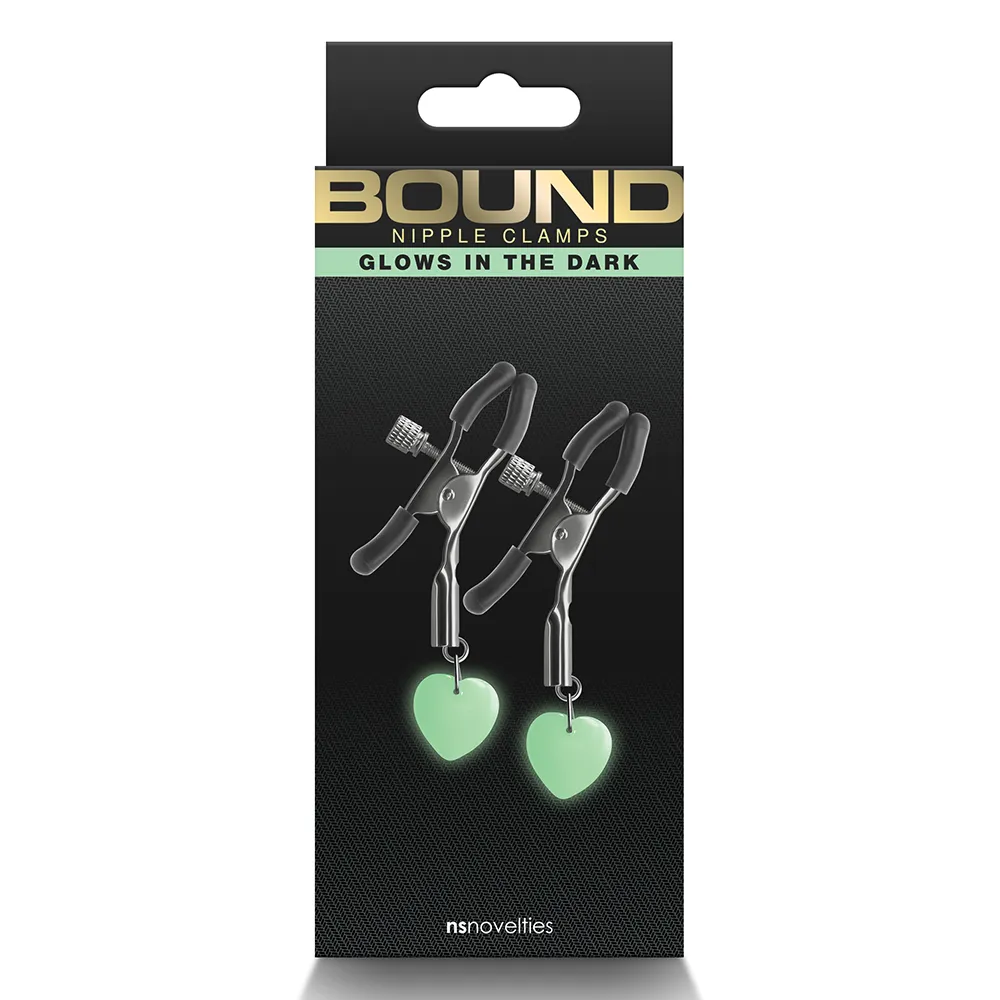 Bound Nipple Clamps With Glow In The Dark Heart Charms