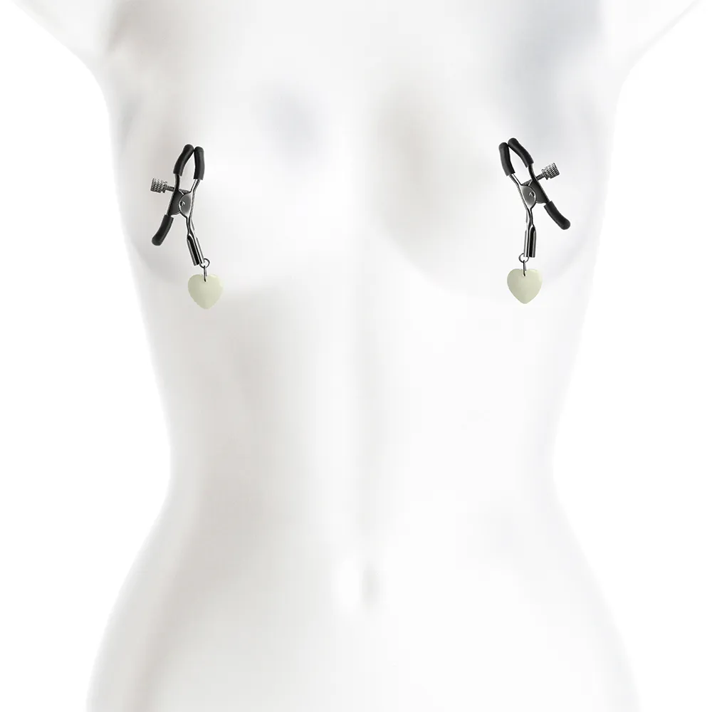 Bound Nipple Clamps With Glow In The Dark Heart Charms