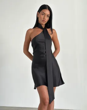 Brigid One Shoulder Satin Dress in Black