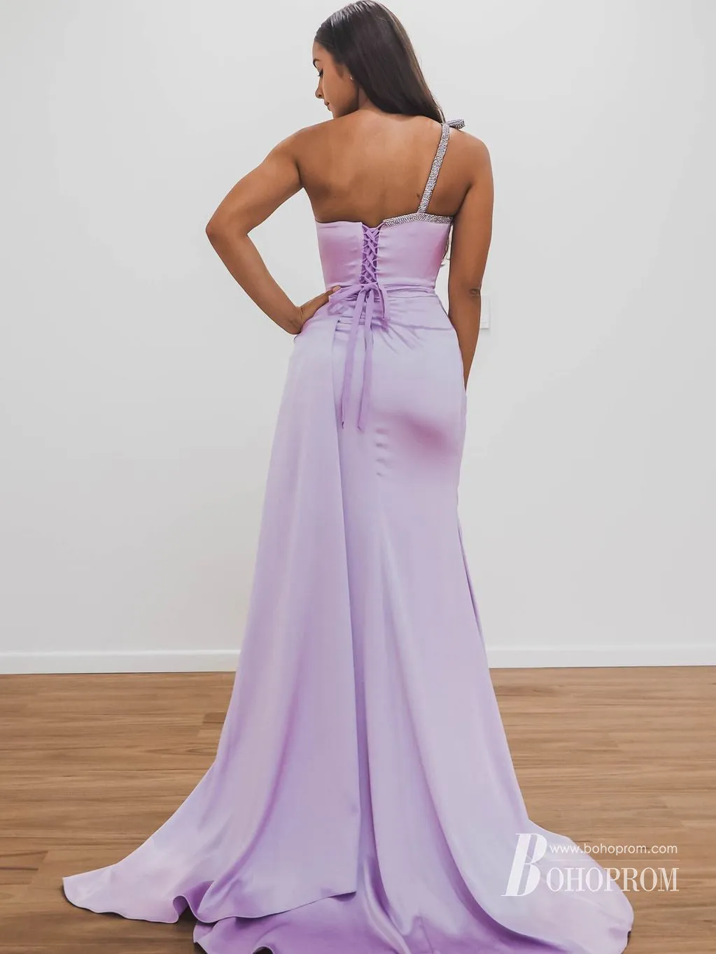 Chic Satin One Shoulder Rhinestone Sweep Train Sheath Prom Dresses PD655