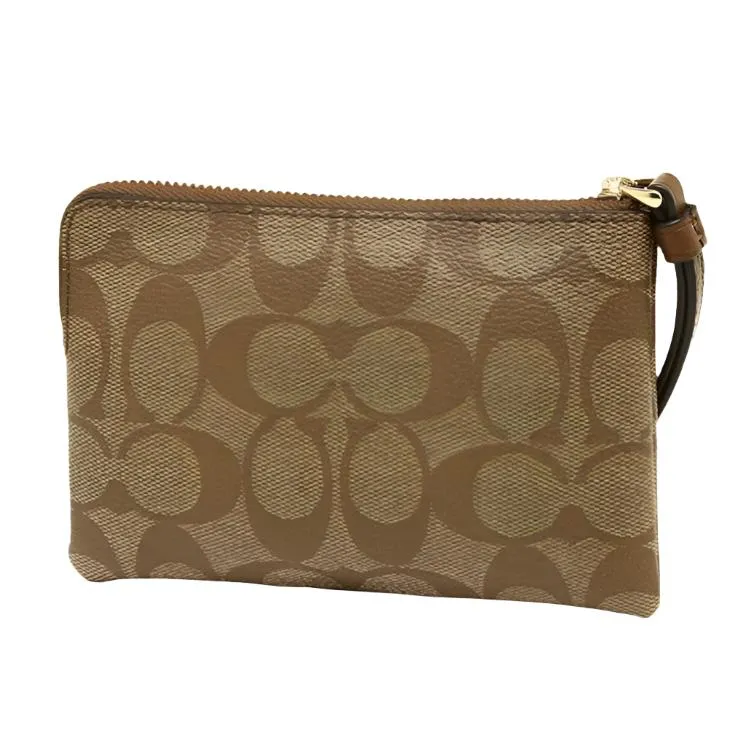 Coach Corner Zip Wristlet In Signature Canvas Khaki/Saddle