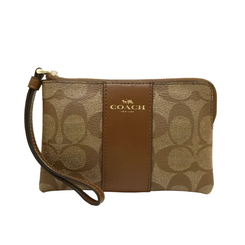 Coach Corner Zip Wristlet In Signature Canvas Khaki/Saddle