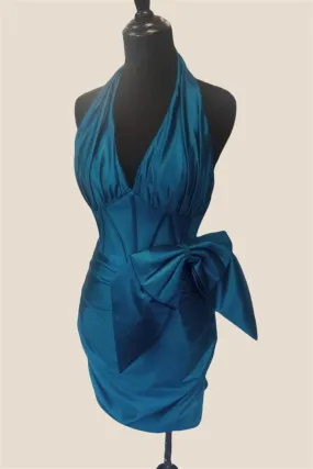 Halter Blue Ruched Tight Short Dress with Bow