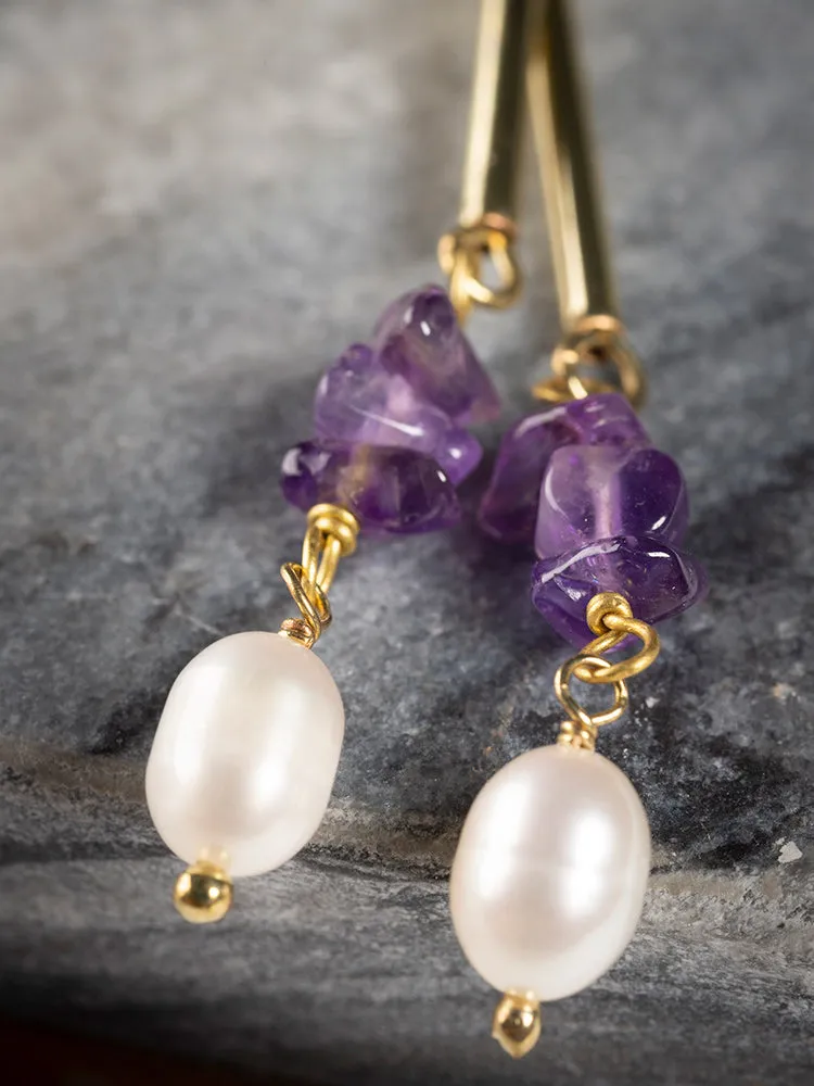 Linear Stone Earrings - Amethyst