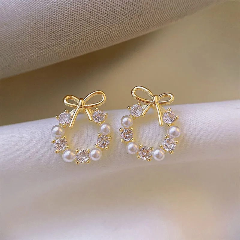 Ribbon Bow Knot Stud Pearl Diamond Earrings Woth Bows