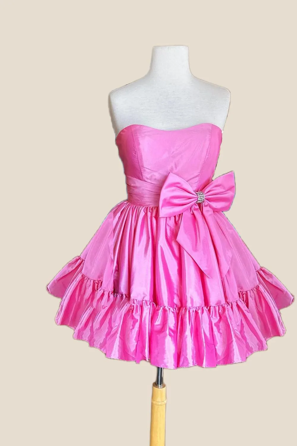 Strapless Pink Bow Ruffle Taffeta Short Dress