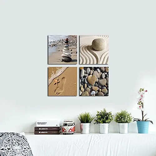 WIECO ART - ROMANTIC BEACH THEME 4 PIECE MODERN GICLEE ARTWORK SEA BEACH OCEAN CANVAS PRINTS CONTEMPORARY ABSTRACT SEASCAPE PICTURES PAINTINGS ON CANVAS WALL ART FOR BEDROOM HOME DECORATIONS