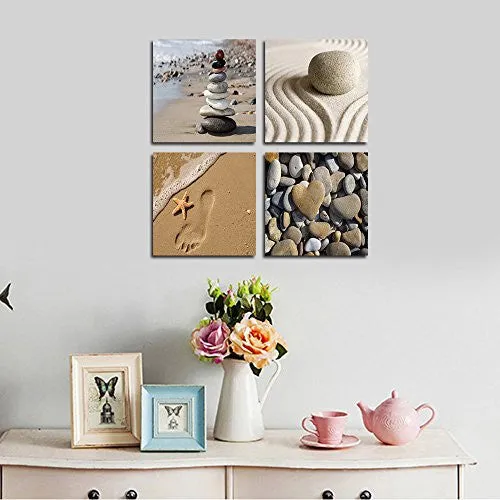 WIECO ART - ROMANTIC BEACH THEME 4 PIECE MODERN GICLEE ARTWORK SEA BEACH OCEAN CANVAS PRINTS CONTEMPORARY ABSTRACT SEASCAPE PICTURES PAINTINGS ON CANVAS WALL ART FOR BEDROOM HOME DECORATIONS